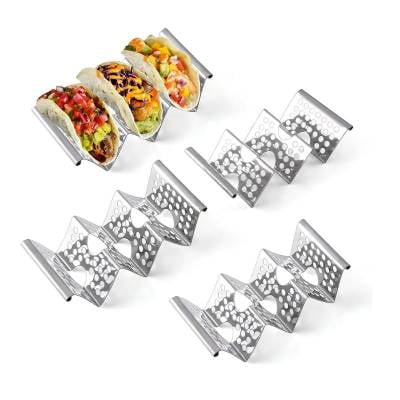 Dishwasher Safe Taco Holders Chbuuero Taco Holders Set of 4, Taco Stand, Stainless Steel Taco Holder, Each Can Hold 3 Tortillas, with Easy-Access Handle, Fits Microwave, Air Fryer and Oven
