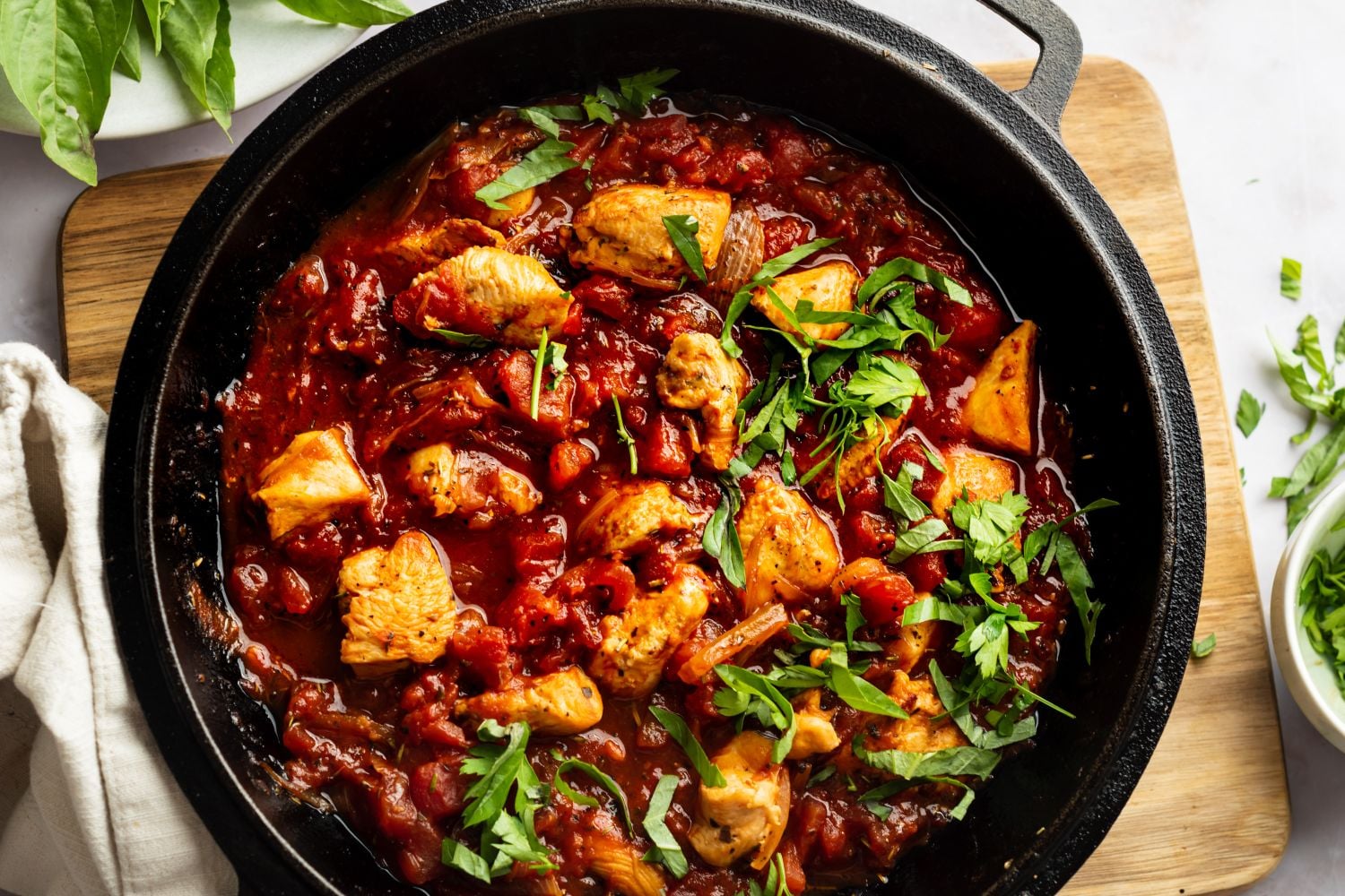 Chicken Fra Diavolo Chicken Fra Diavolo with chicken breast pieces cooked in a spicy tomato sauce with fresh basil.