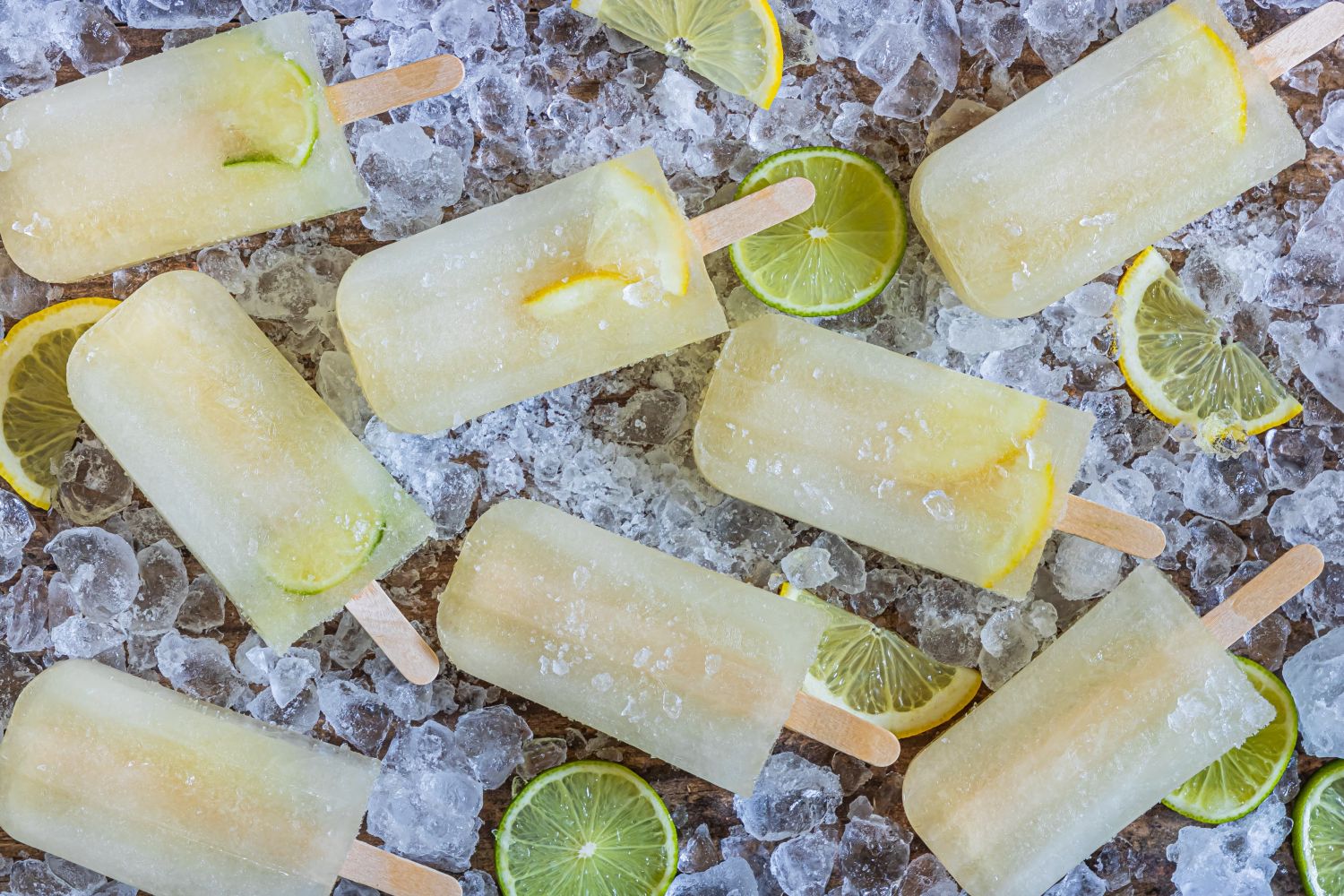 Lemon Lime Popsicles Lemon lime popsicles with fresh lemon and lime slices on a bed of ice.