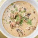 Mushroom Soup Mushroom soup with fresh cooked mushrooms, garlic, onion, and thyme in a healthy creamy broth.