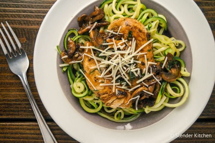 Balsamic Chicken with Garlic Zucchini Noodles Balsamic chicken with mushrooms and Parmesan cheese over zucchini noodles.