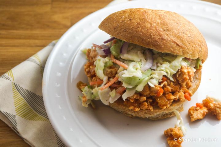 Buffalo Chicken Sloppy Joes Buffalo chicken sloppy joes with ranch coleslaw in a hamburger roll.
