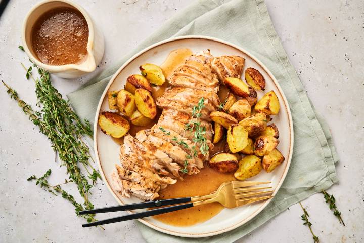 Instant Pot Turkey Tenderloin Instant Pot turkey tenderloin with roasted potatoes and fresh thyme.