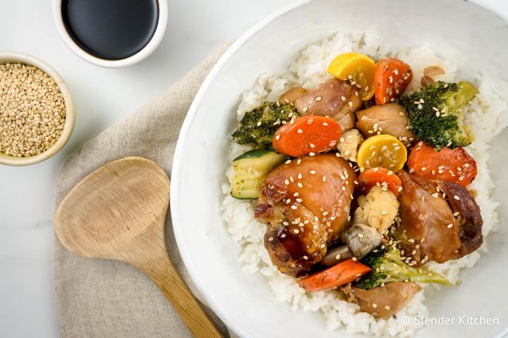 Slow Cooker Chicken Teriyaki with Vegetables Slow Cooker Chicken Teriyaki and Vegetables with rice and chopsticks.