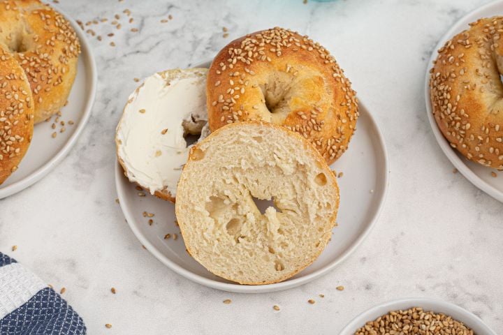 Two Ingredient Dough Bagels Two ingredient dough bagels with sesame seeds and served with cream cheese.