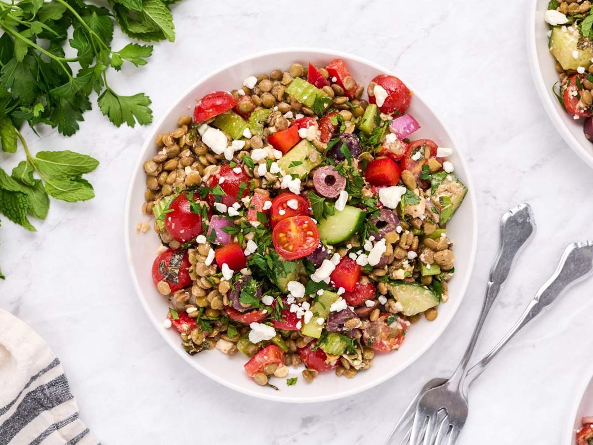 Healthy Grain and Legume Recipes Fresh Lentil Salad with Mediterranean Spices, Olives, and Feta Cheese