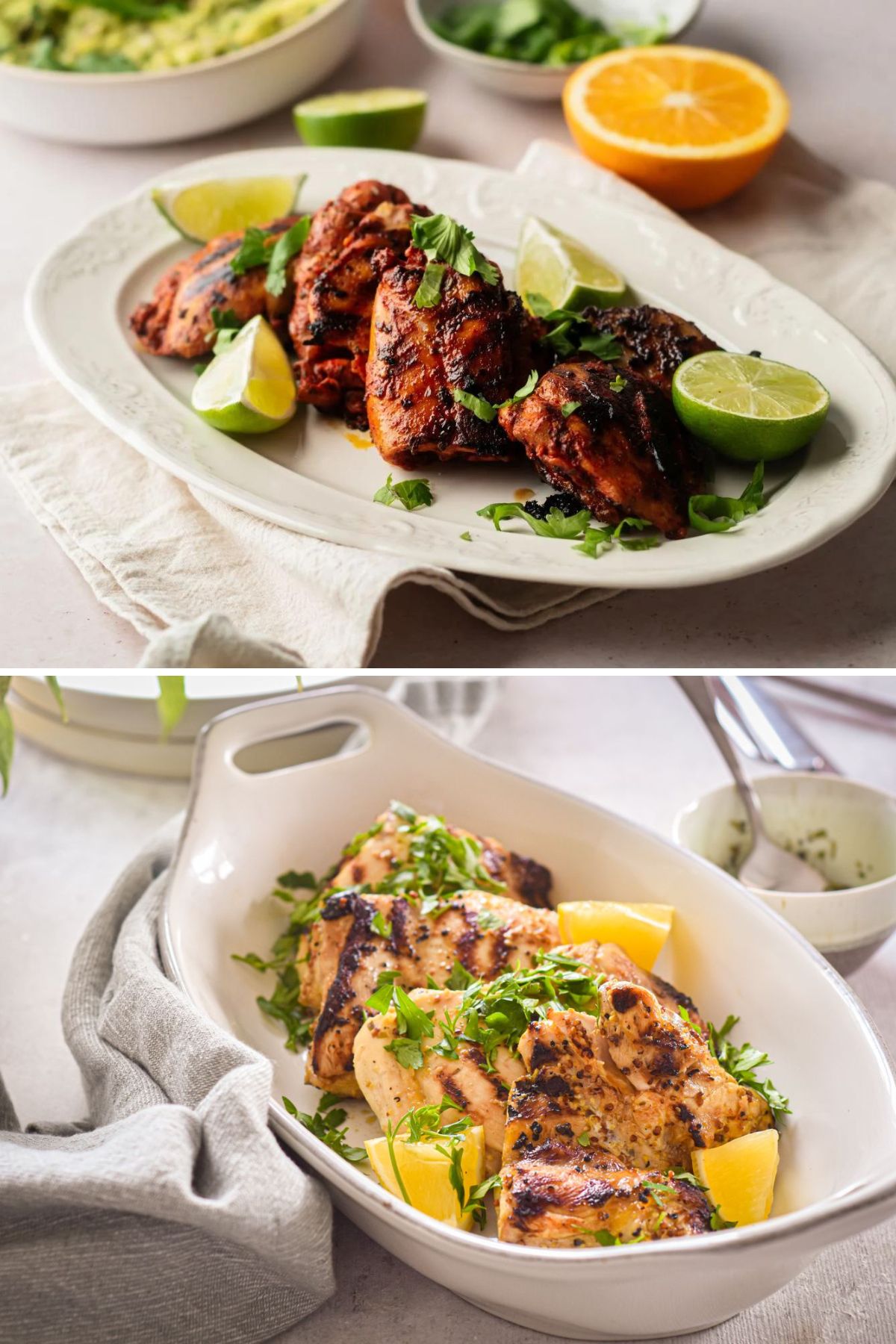 Collage of grilled pollo asado served with limes and grilled lemon dijon chicken thighs.