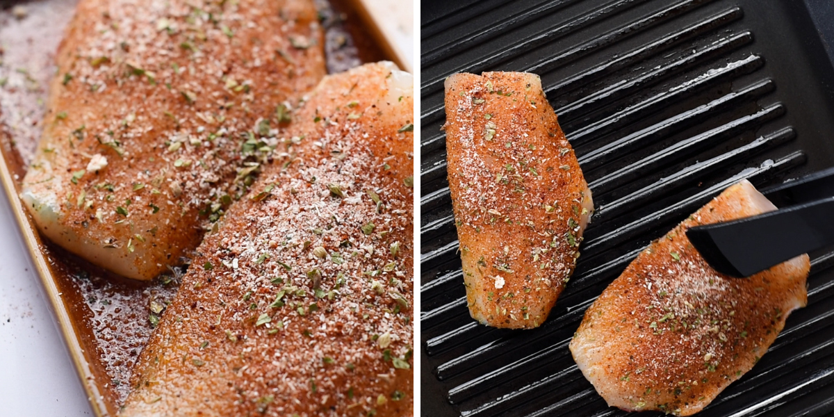 Two seasoned fish fillets on a baking tray and a grill, topped with herbs and spices, ready for cooking.