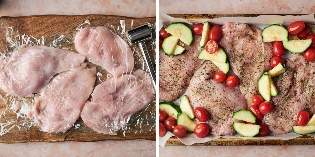 Chicken breasts being pounded with a meat mallet on a cutting board (left) and the chicken breasts arranged on a sheet pan with tomatoes and zucchini, ready for seasoning (right).
