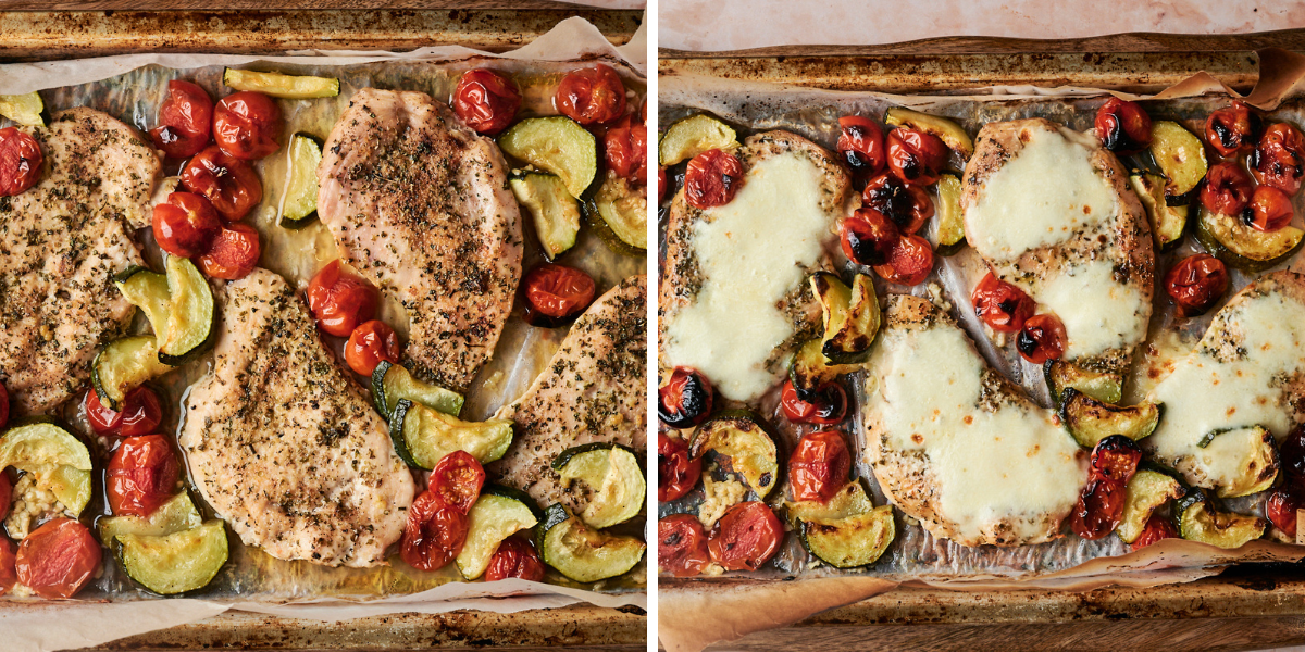 Sheet pan with seasoned chicken breasts, roasted tomatoes, and zucchini on the left (before melting the cheese) and the same dish with melted cheese on the right.