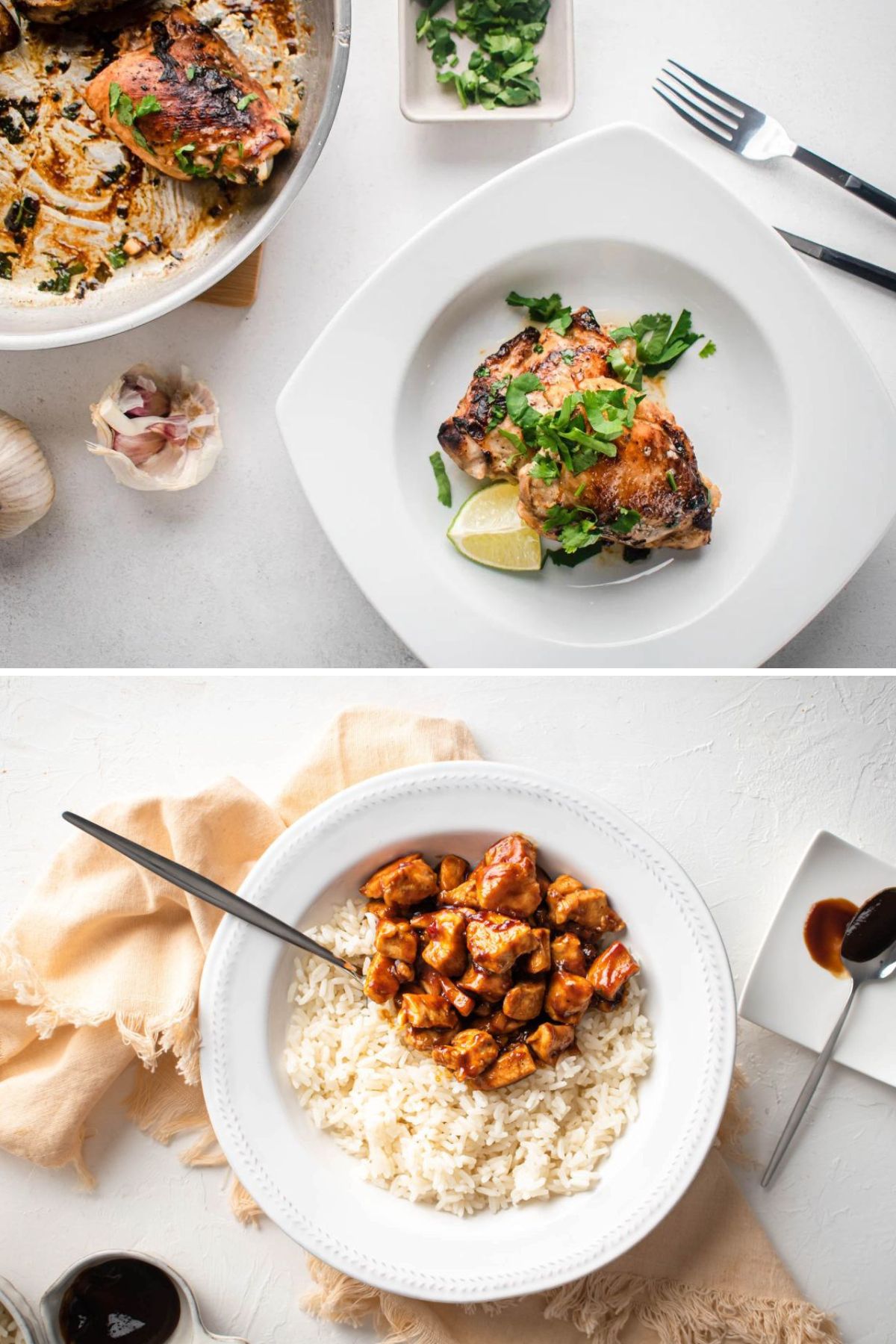 Collage with cilantro lime chicken and a bowl of hoisin chicken thighs with rice.