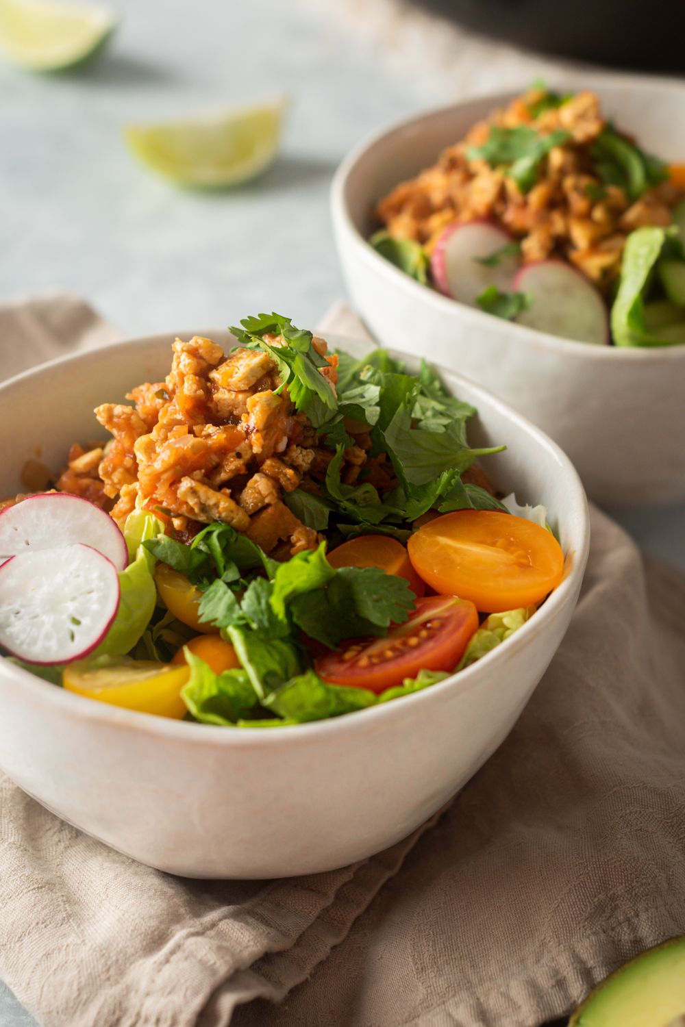 Copycat Chipotle Sofritas in spicy tomato sauce served in a bowl with radish, cilantro, tomatoes, and lettuce.