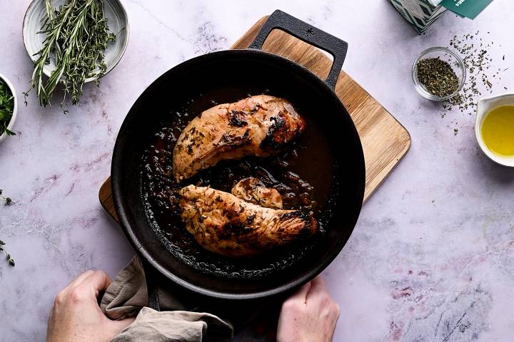 Baked turkey breast tenderloins in a acast iron skillet.