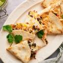 Leftover turkey quesadillas with shredded turkey, black beans, and corn.