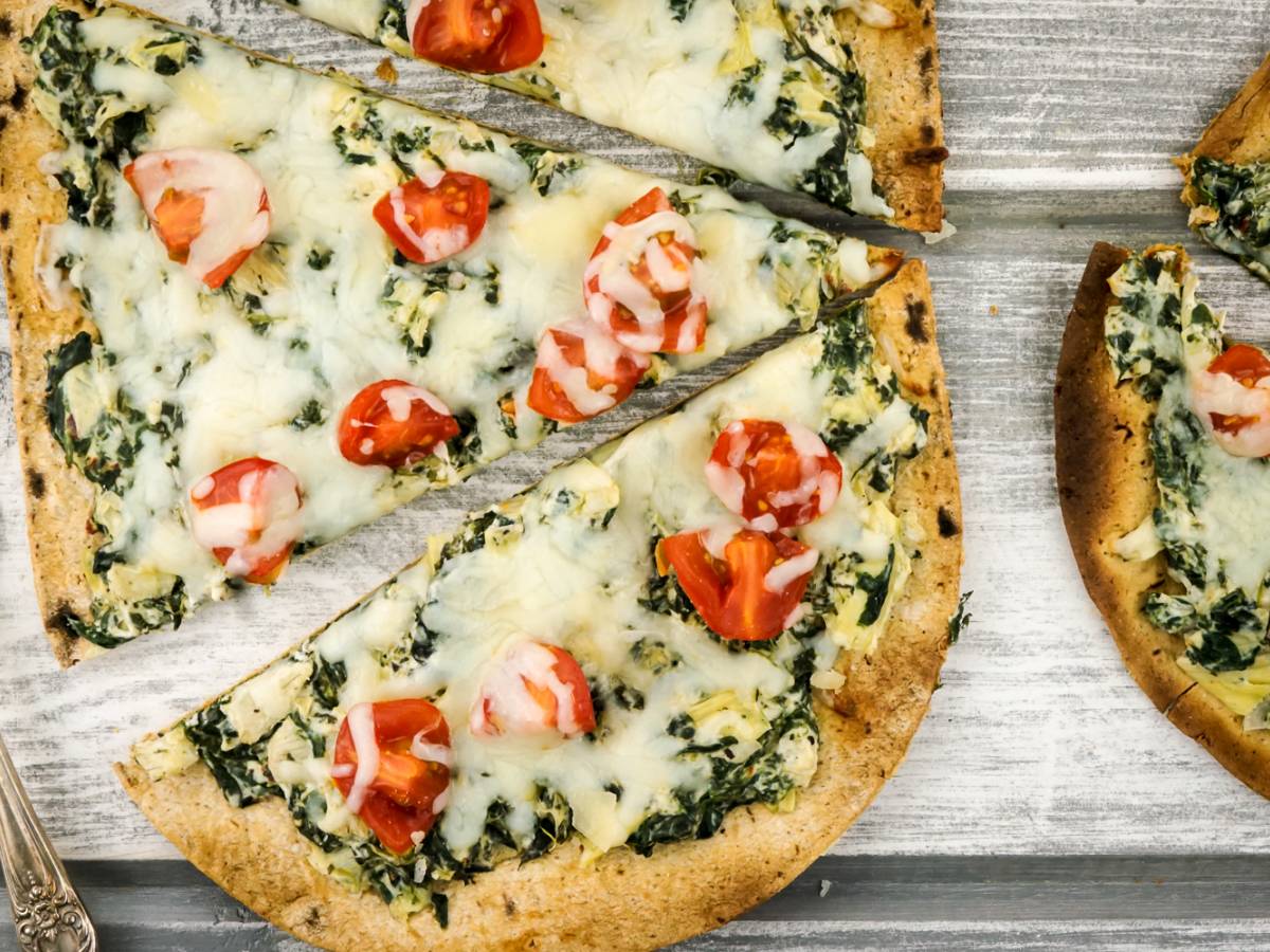 High-protein spinach artichoke pizza