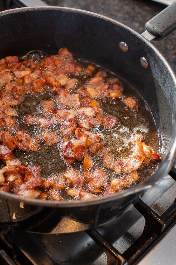 bacon sizzling in a fry pan