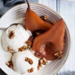 Mulled Pomegranate Cider Poached Pears - Snixy Kitchen