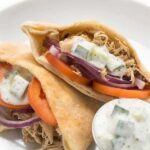 Slow Cooker Chicken Shawarma Pita Sandwiches with Cucumber Sauce
