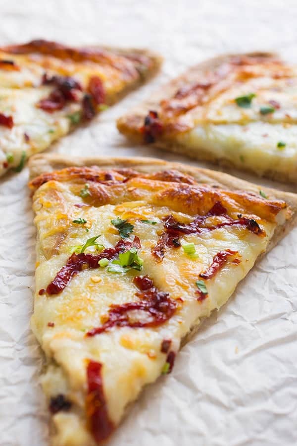 Cheesy Chicken Pesto Pizza with Sun-Dried Tomatoes - an easy pizza recipe
