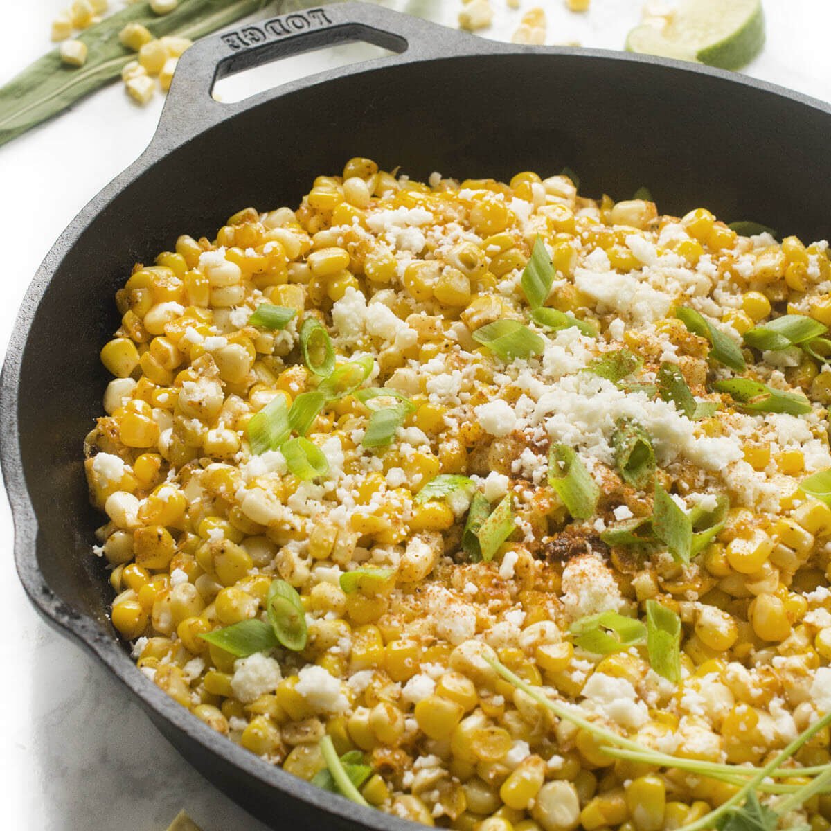 Skillet Mexican Street Corn in a cast iron skillet