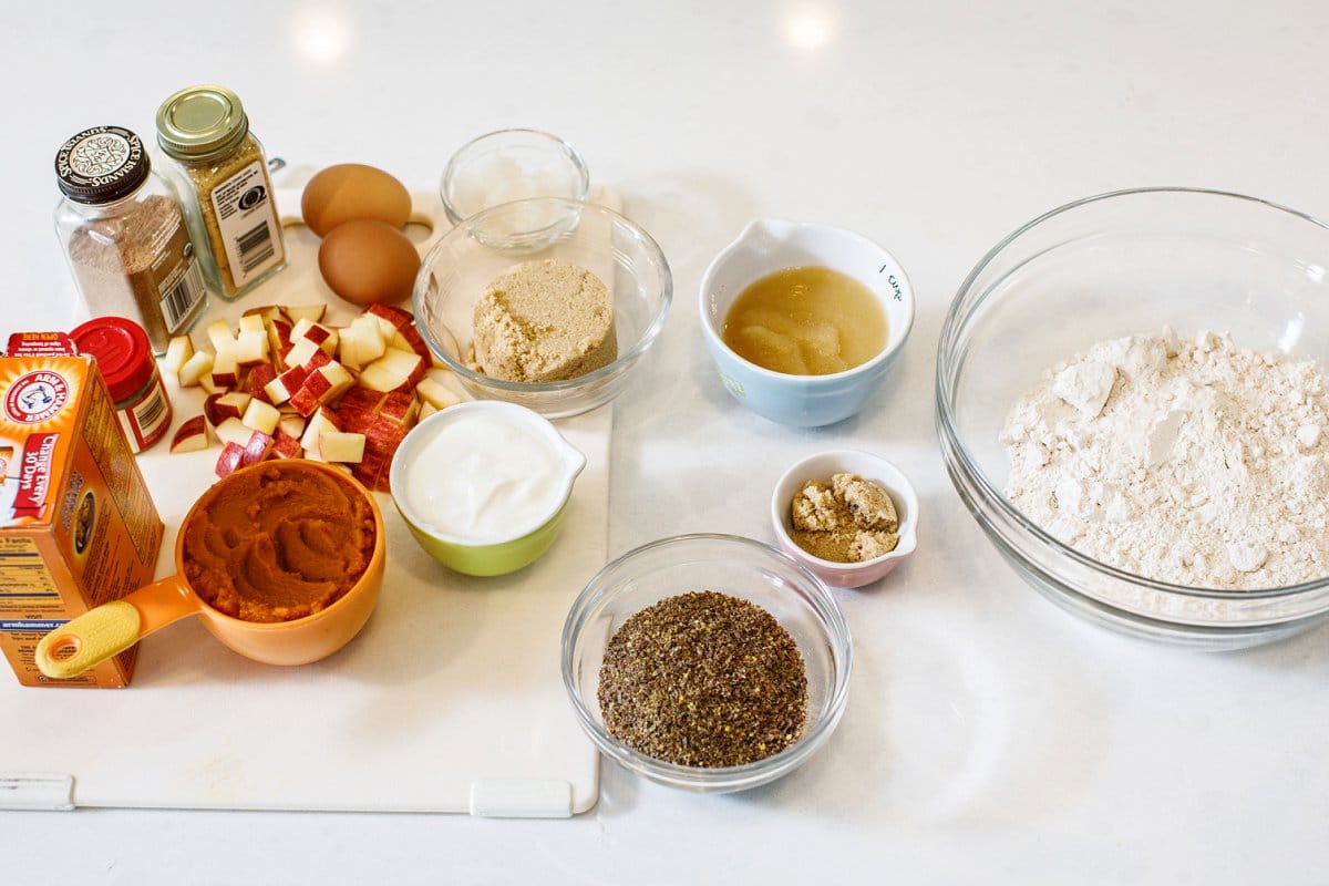 Ingredients for making pumpkin applesauce muffins