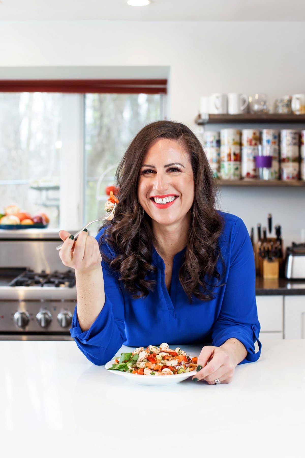 Liz eating Italian Shrimp Salad