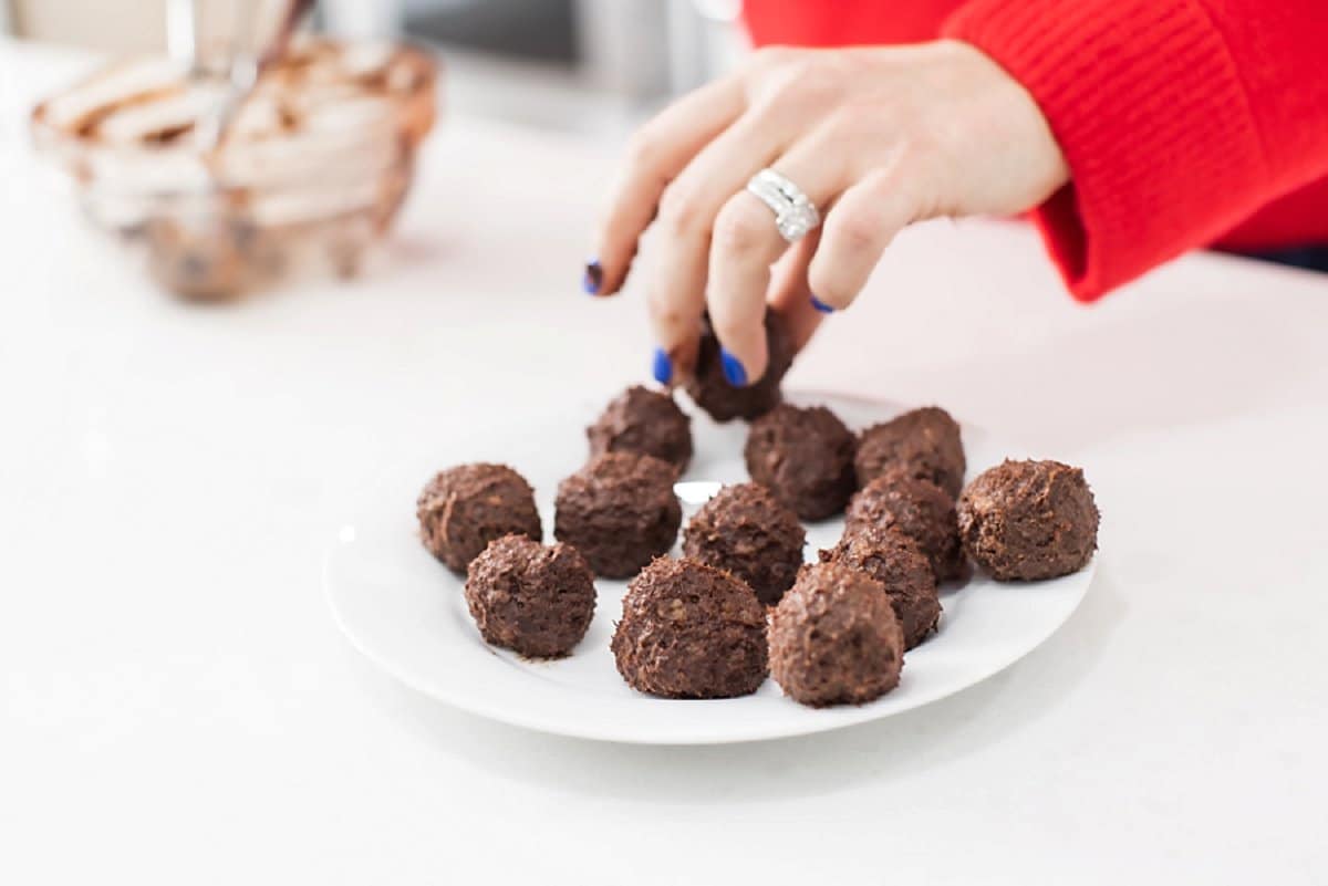 Plate of chocolate walnut brownie energy bites