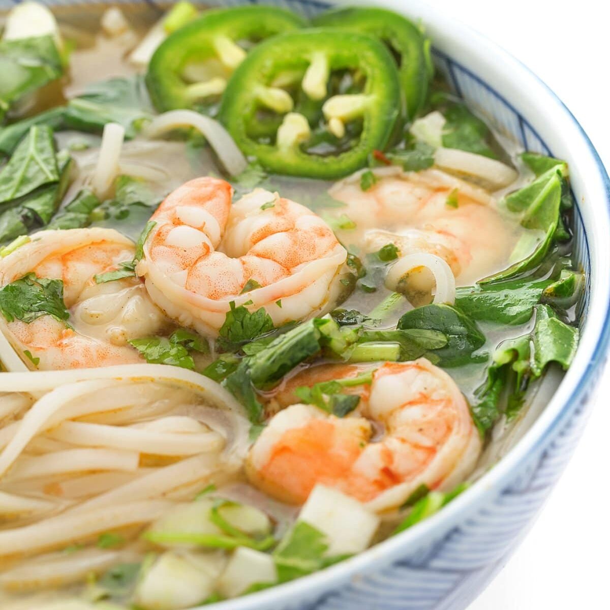 Vietnamese Shrimp Pho with Rice Noodles and Jalapenos