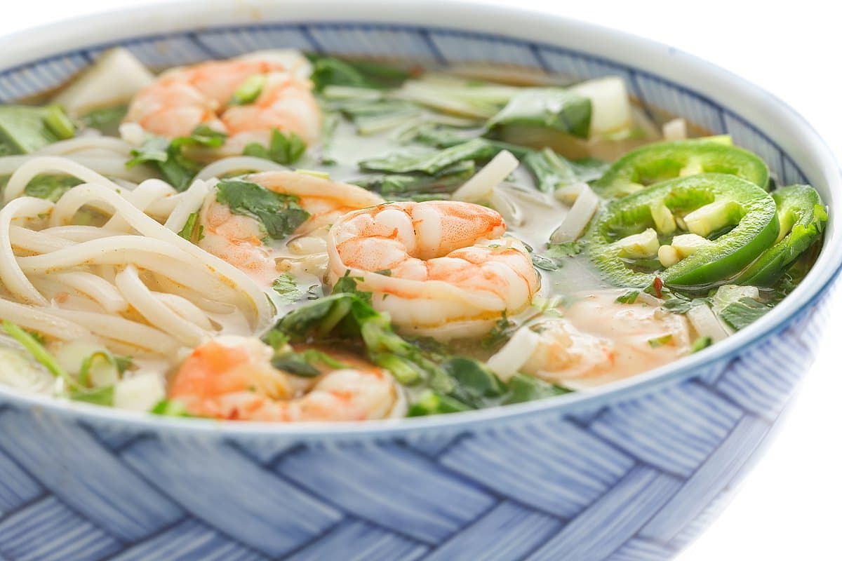 Shrimp Pho with Rice Noodles, Warm Broth, and Bok Choy