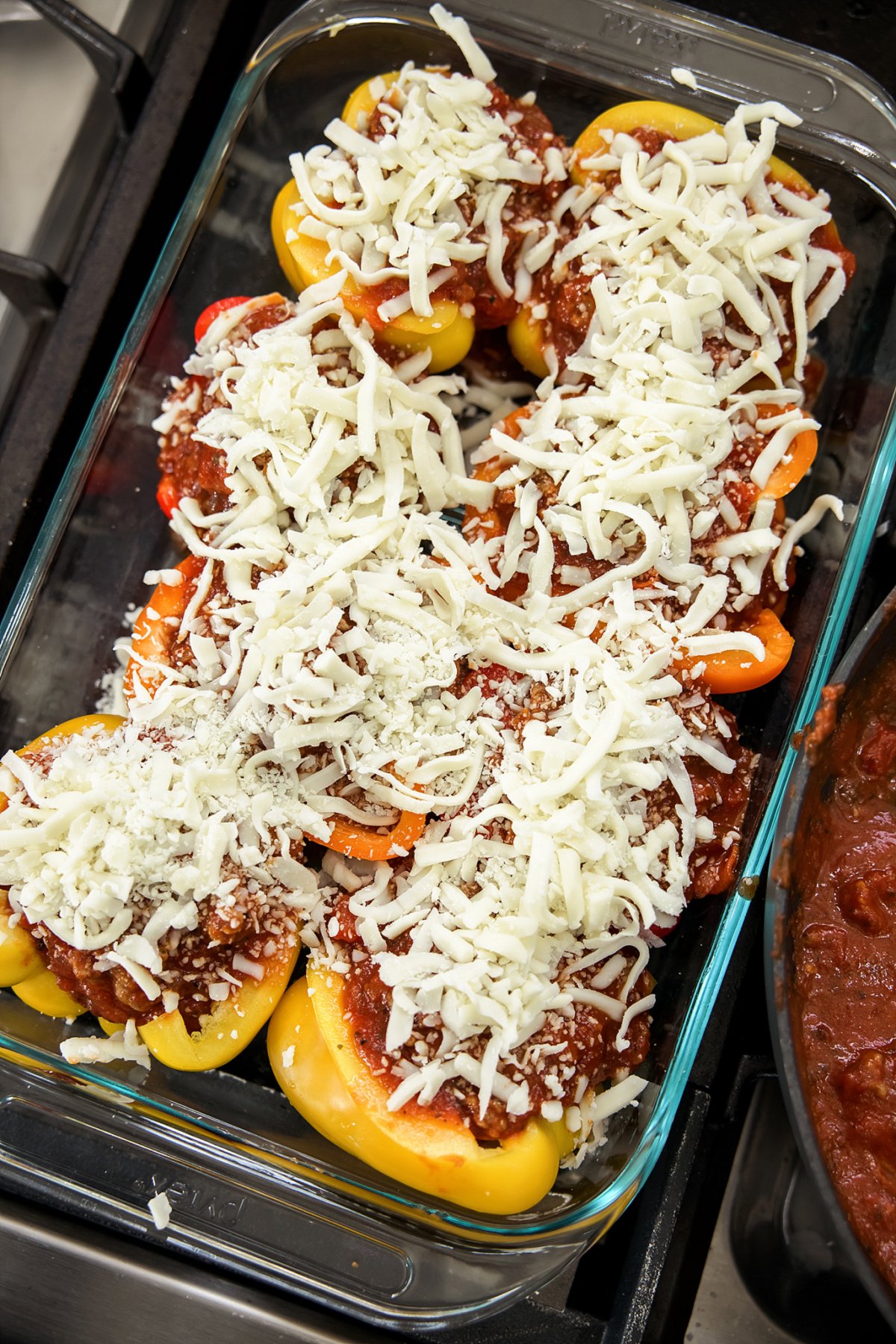 pizza stuffed peppers ready for the oven