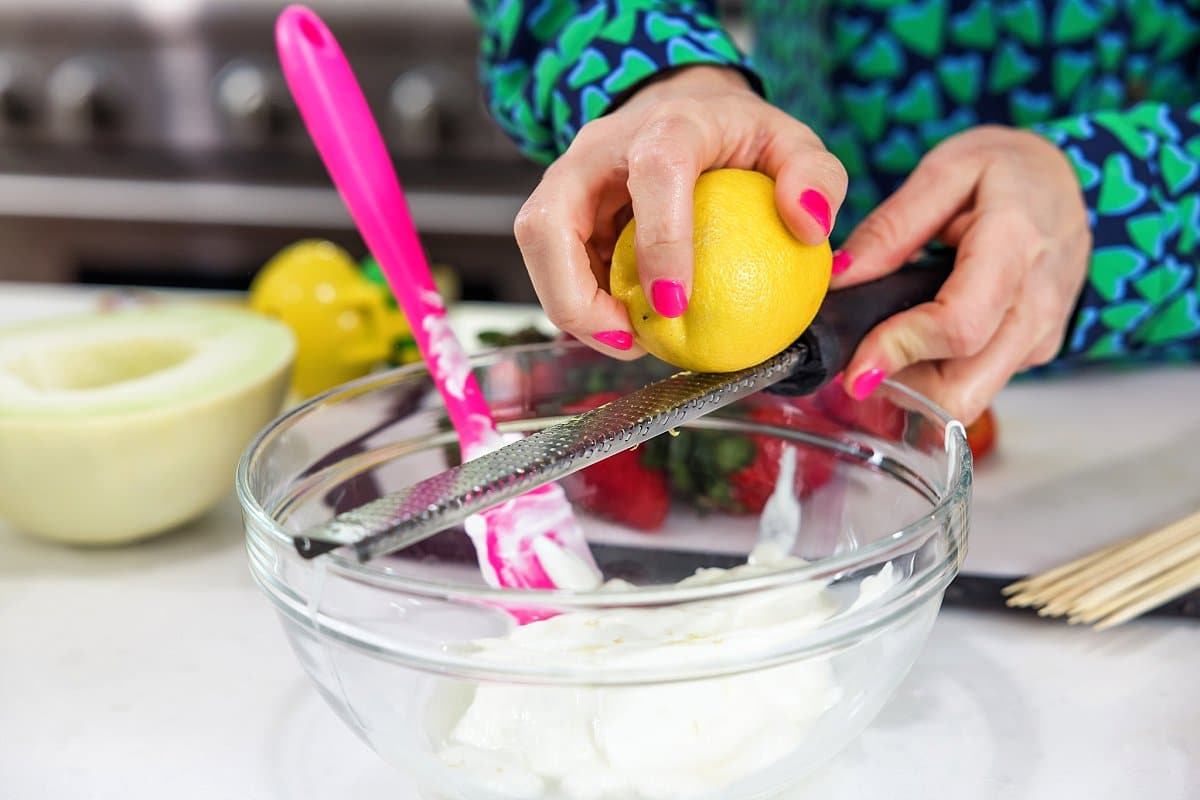 Fruit kabobs with ginger lemon yogurt sauce