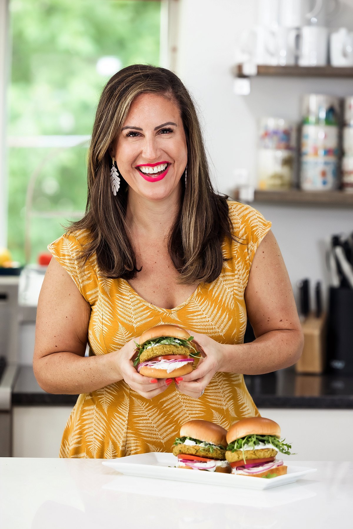 Liz with vegetarian chickpea burgers