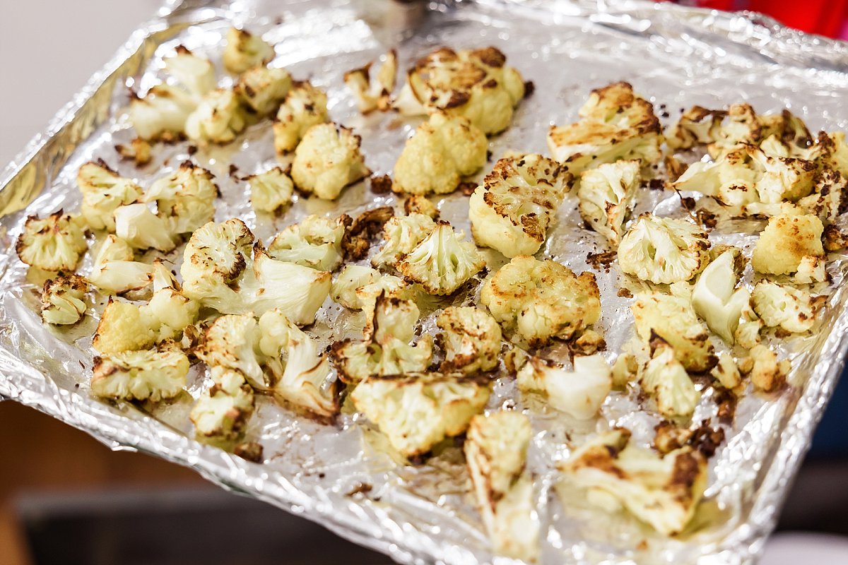 roasted cauliflower on a cookie sheet