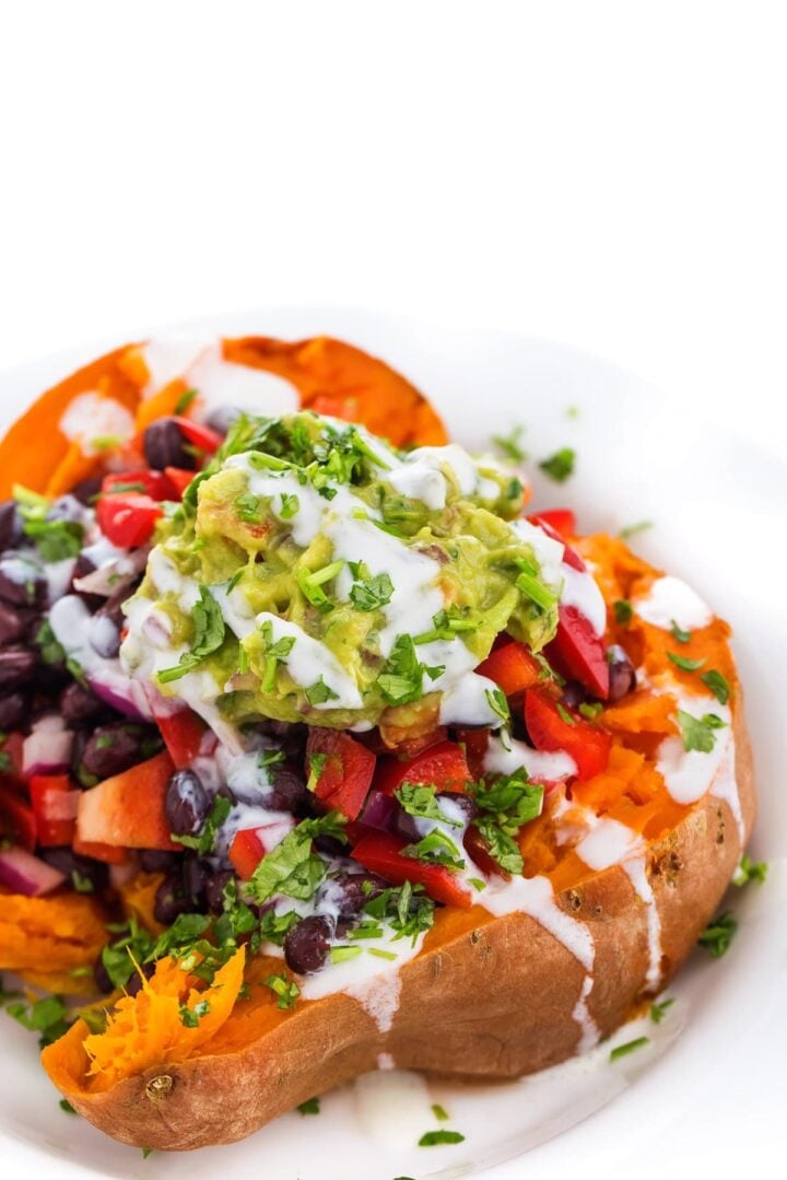 Black bean stuffed sweet potatoes on a plate