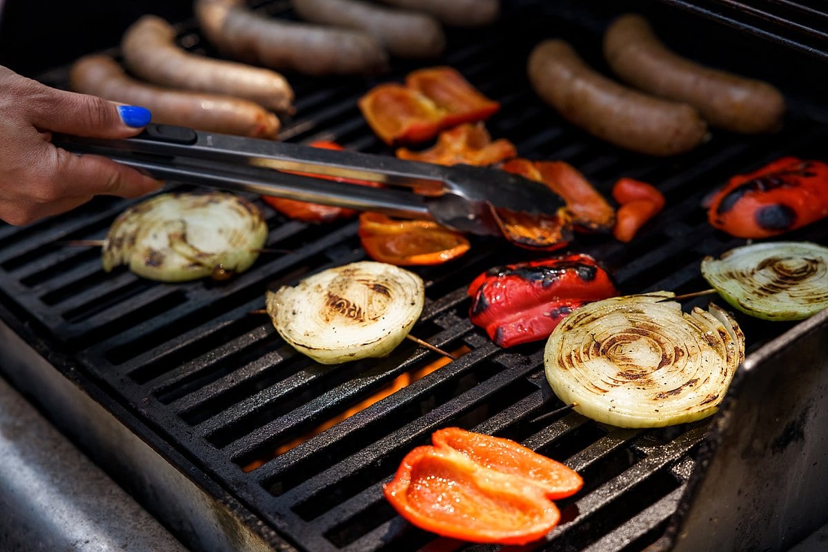 grilling meat and veggies on a grille