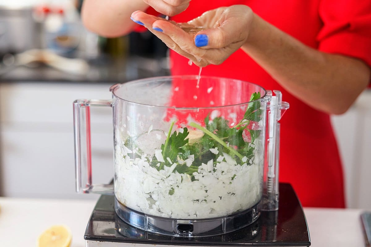 Onion and parsley in food processor