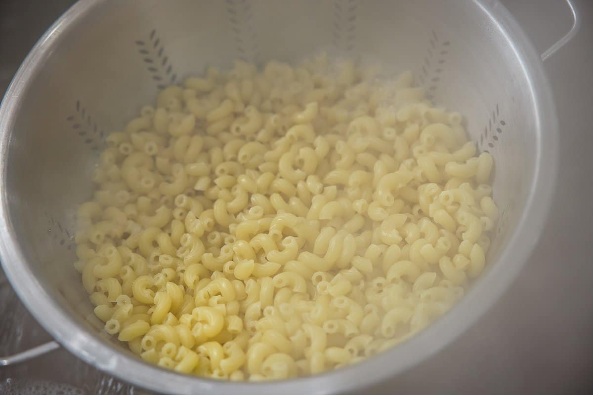 Pasta set aside in colander