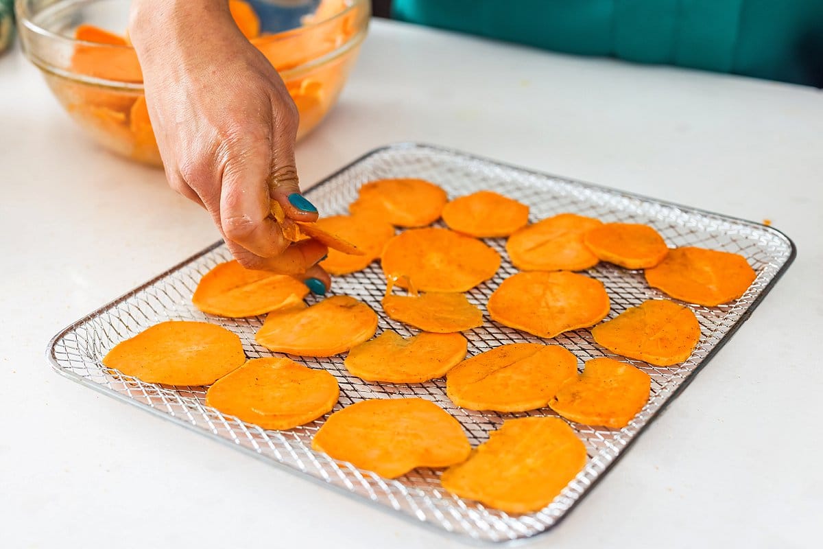 sweet potato chips on a rack