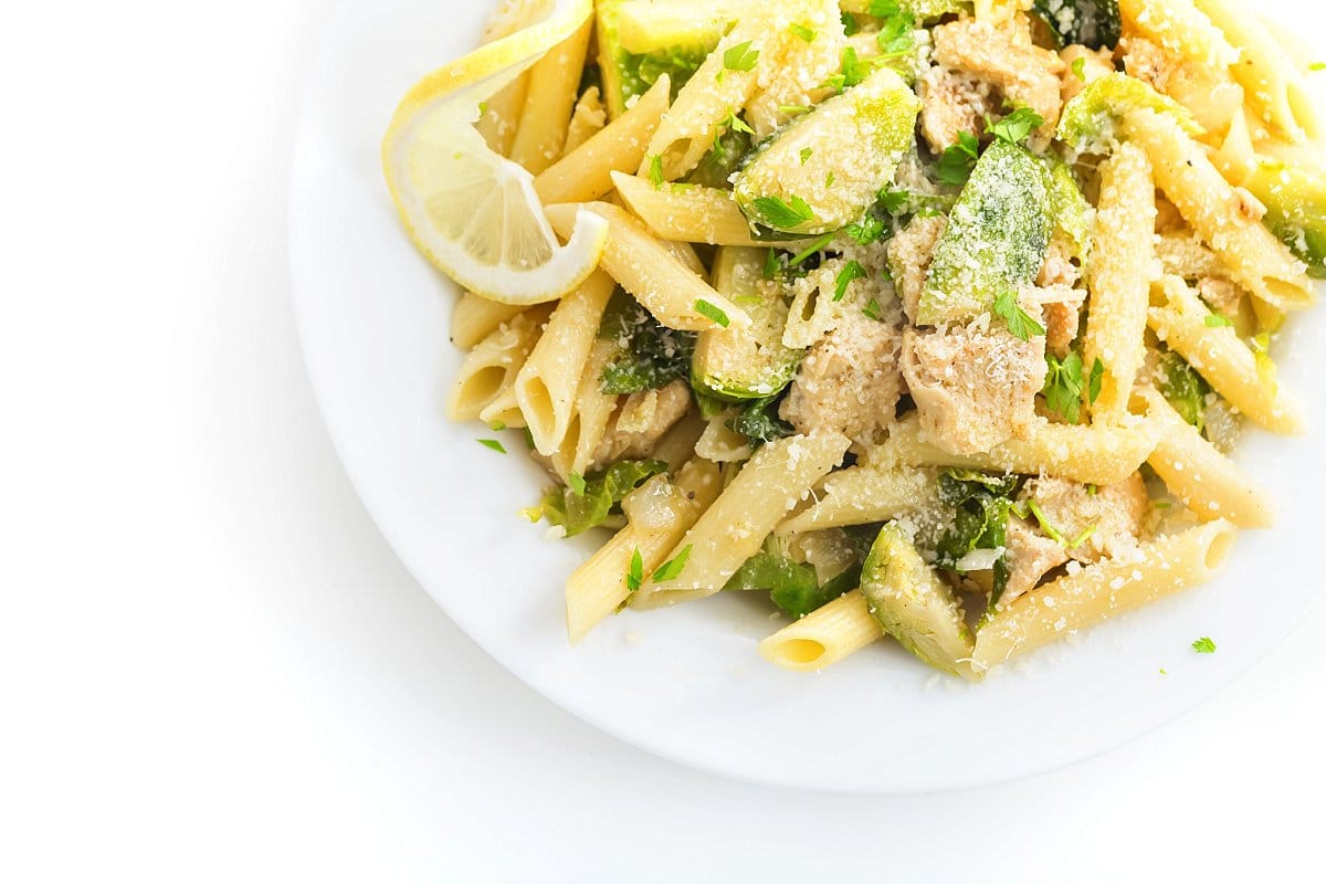 Chicken and Brussels sprouts with penne.