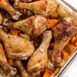 Roasted chicken with sweet potatoes and pears