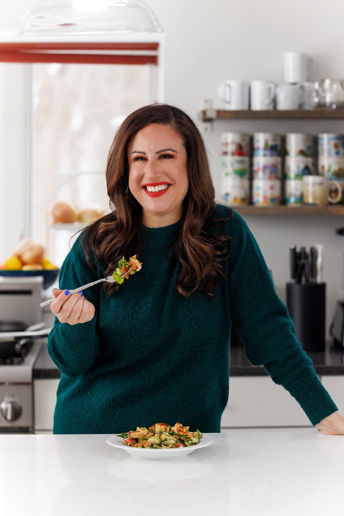 Liz eating chicken tawook fattoush salad.