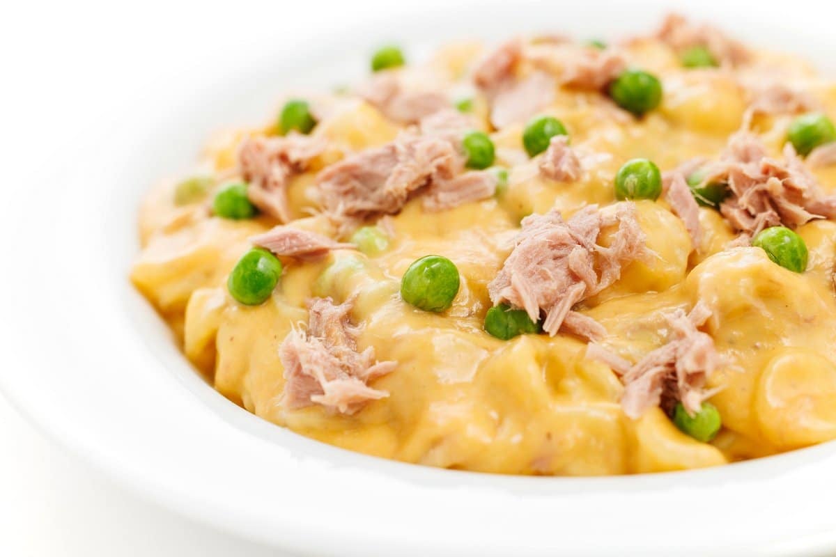 Stovetop mac and cheese with tuna and peas.