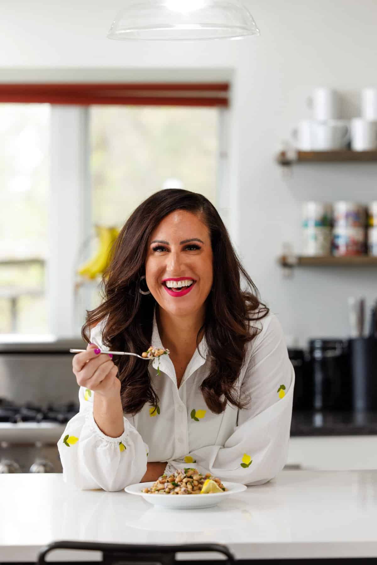 Liz enjoying tuna and white bean salad.