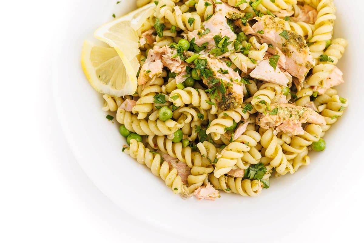 Pesto pasta with salmon and peas.