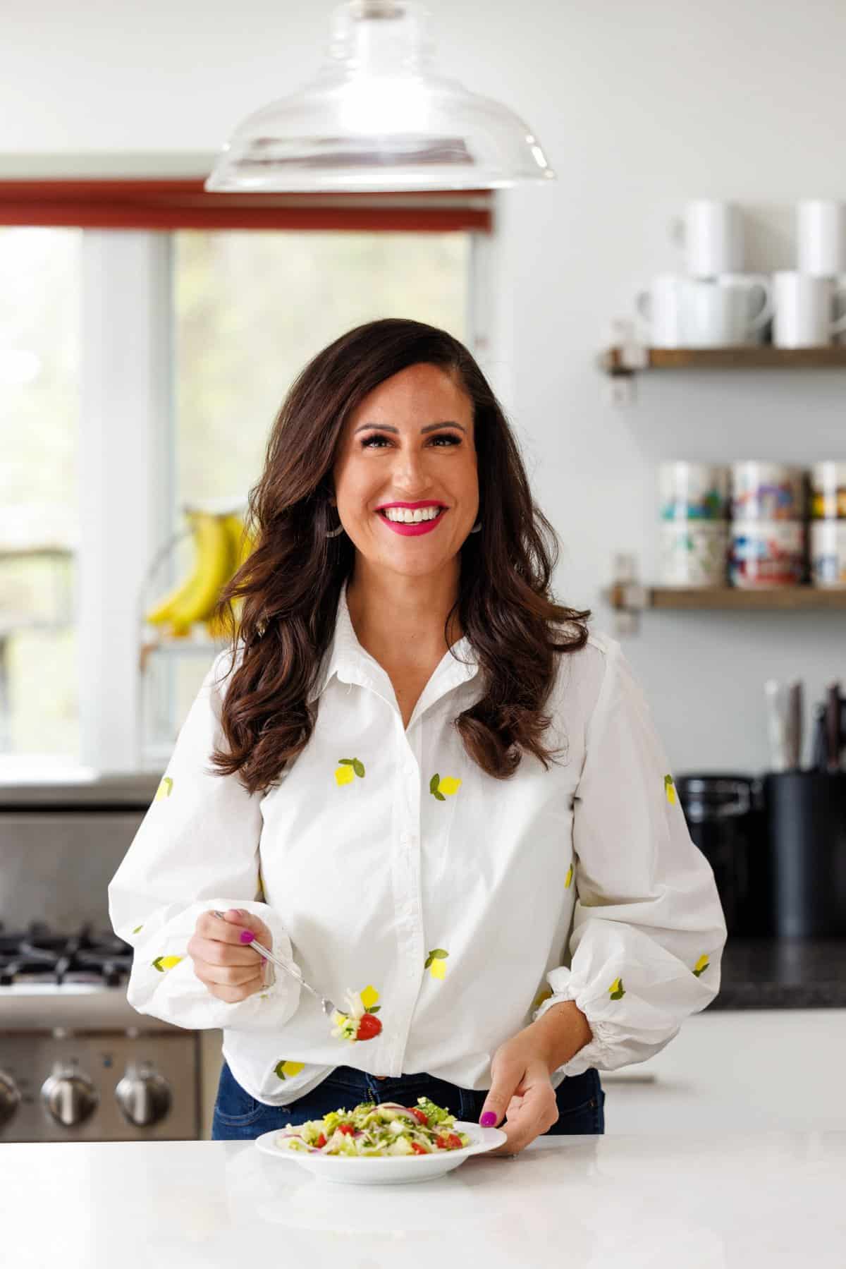 Liz eating Italian garden salad with fennel.