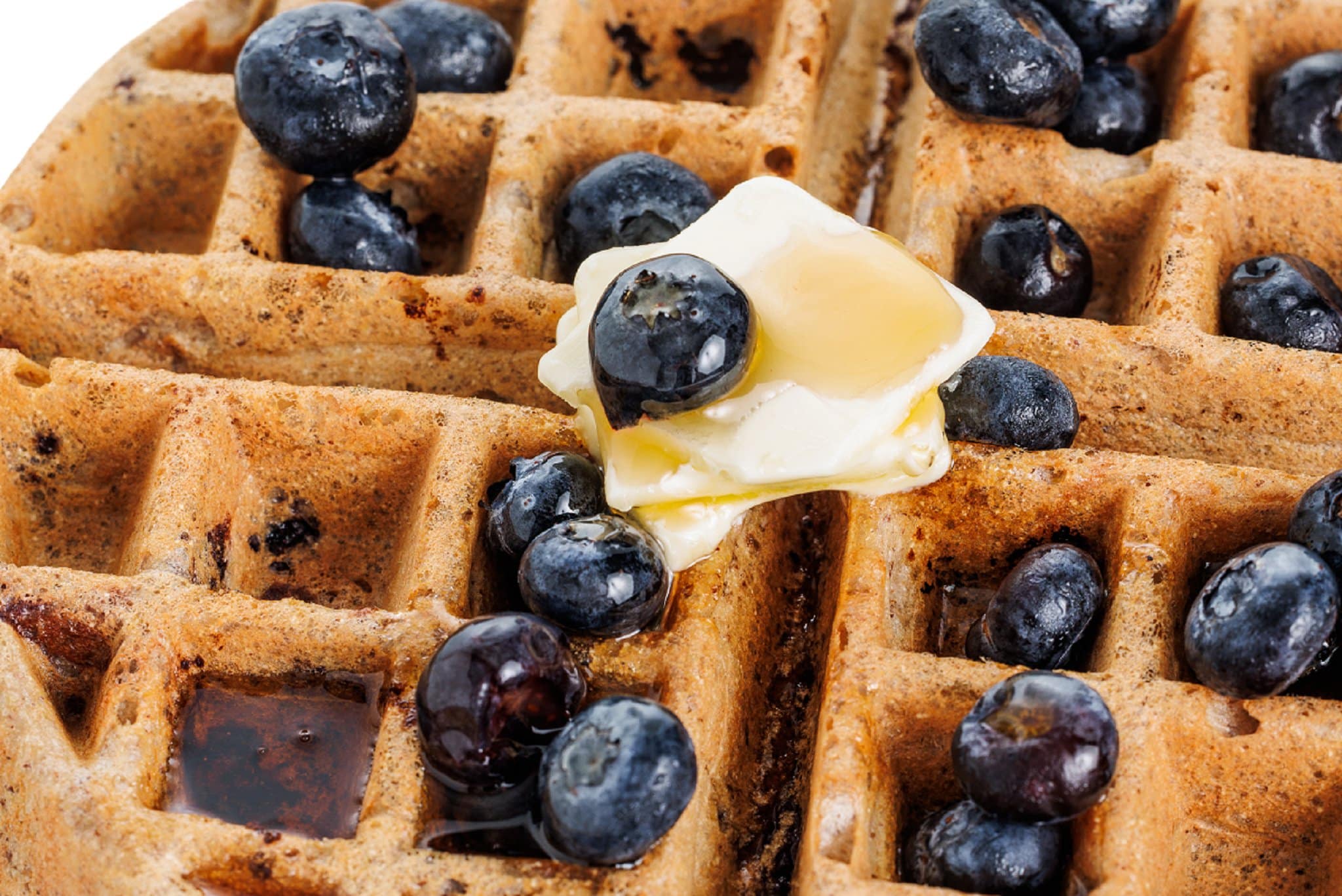 Close up on blueberry Greek yogurt waffle.