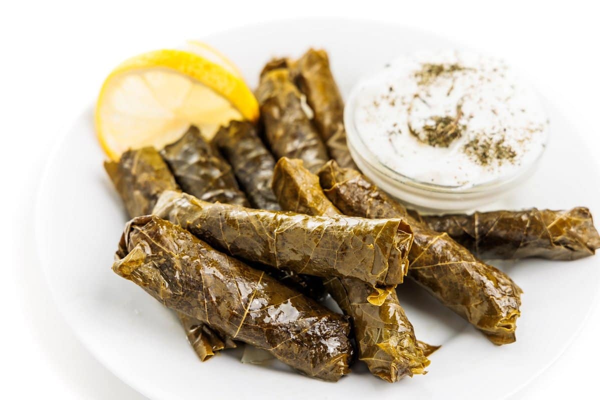 Lebanese meat stuffed grape leaves on a plate with a little bowl of cucumber laban.