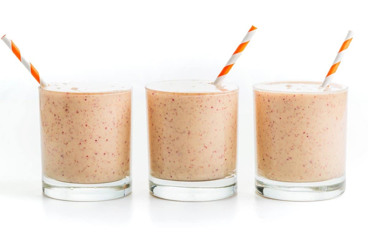 Three peach protein smoothie in a row.