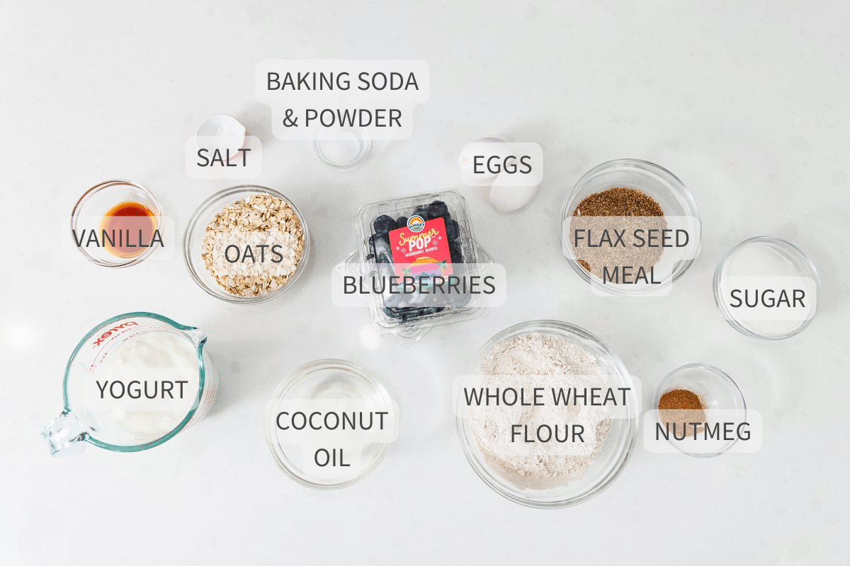 Labeled ingredients for blueberry yogurt bread.