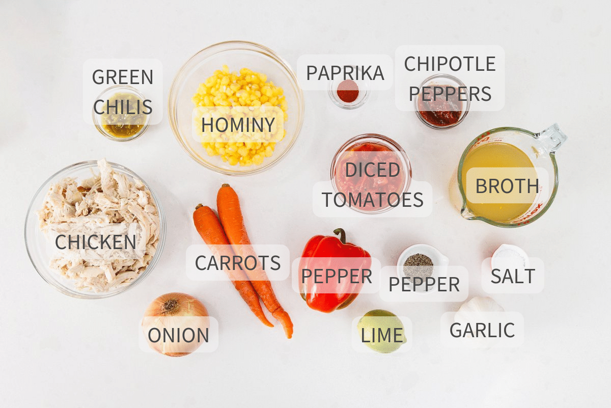 Labeled ingredients for Mexican chicken pozole.